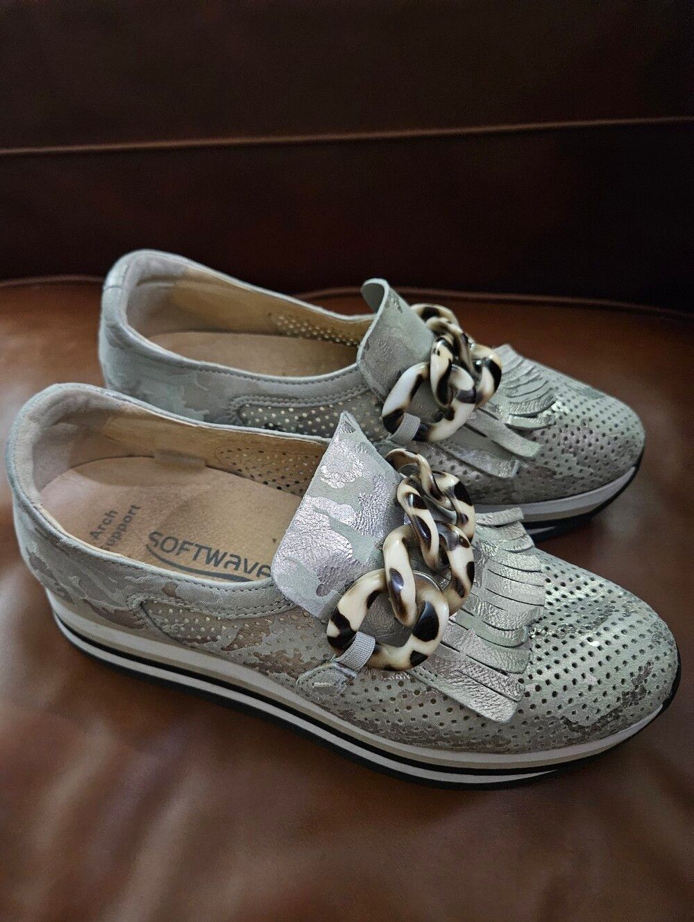 Softwaves Size 37 Metallic Camo Slip-on Platform Loafers Chain Fringe - Picture 2 of 9